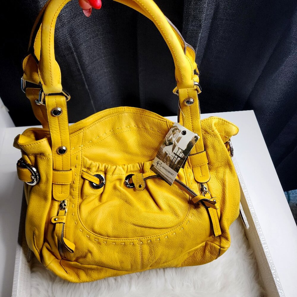 Vintage B. Makowsky Yellow leather shoulder bag with silver Hardware